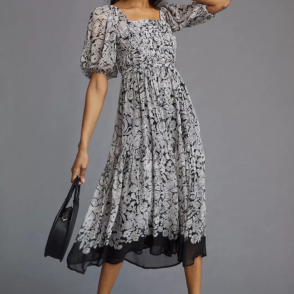 Anthropologie NWT M  Square Neck Smocked Dress. Black lavender